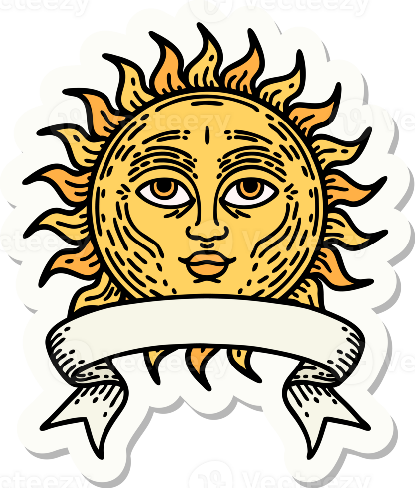 tattoo style sticker with banner of a sun with face png