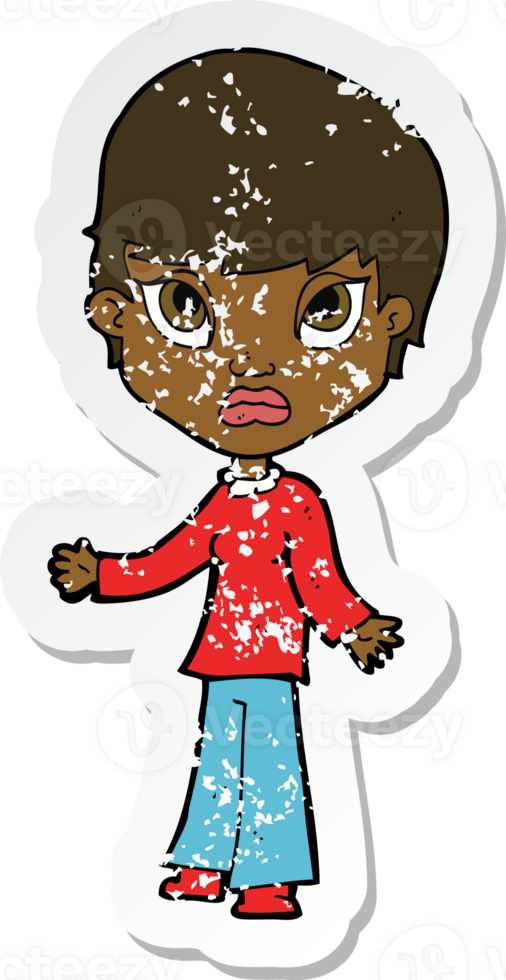 retro distressed sticker of a cartoon woman shrugging shoulders png