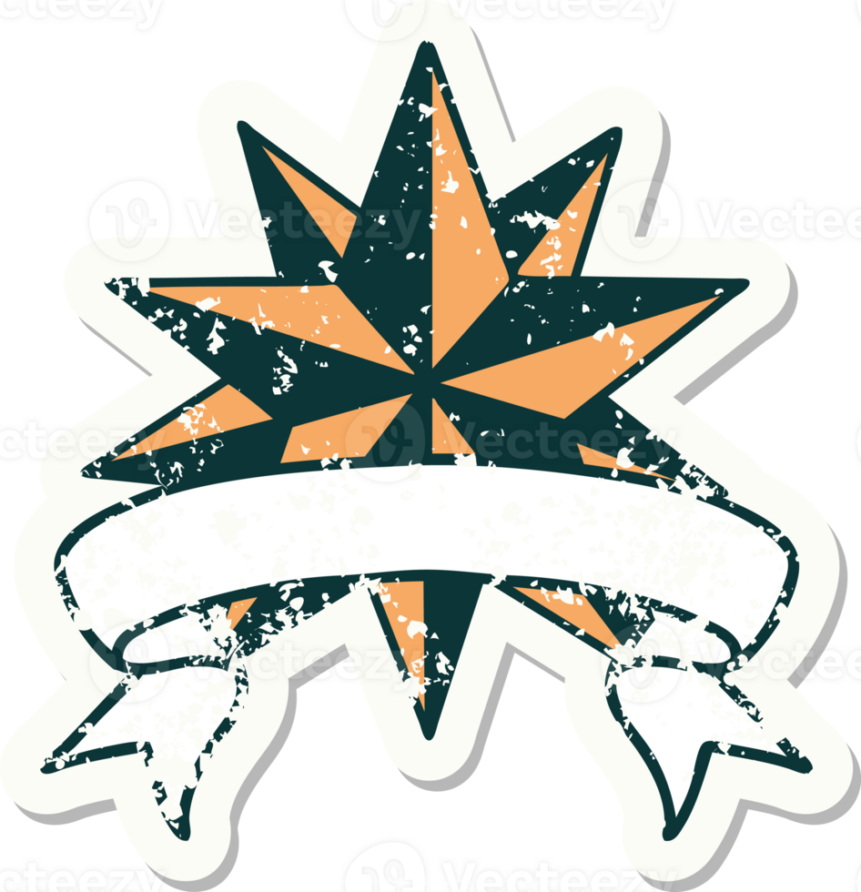 worn old sticker with banner of a star png