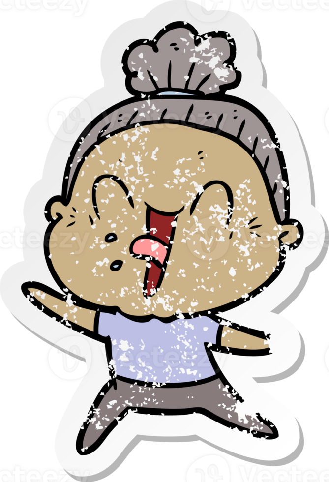 distressed sticker of a cartoon happy old woman png