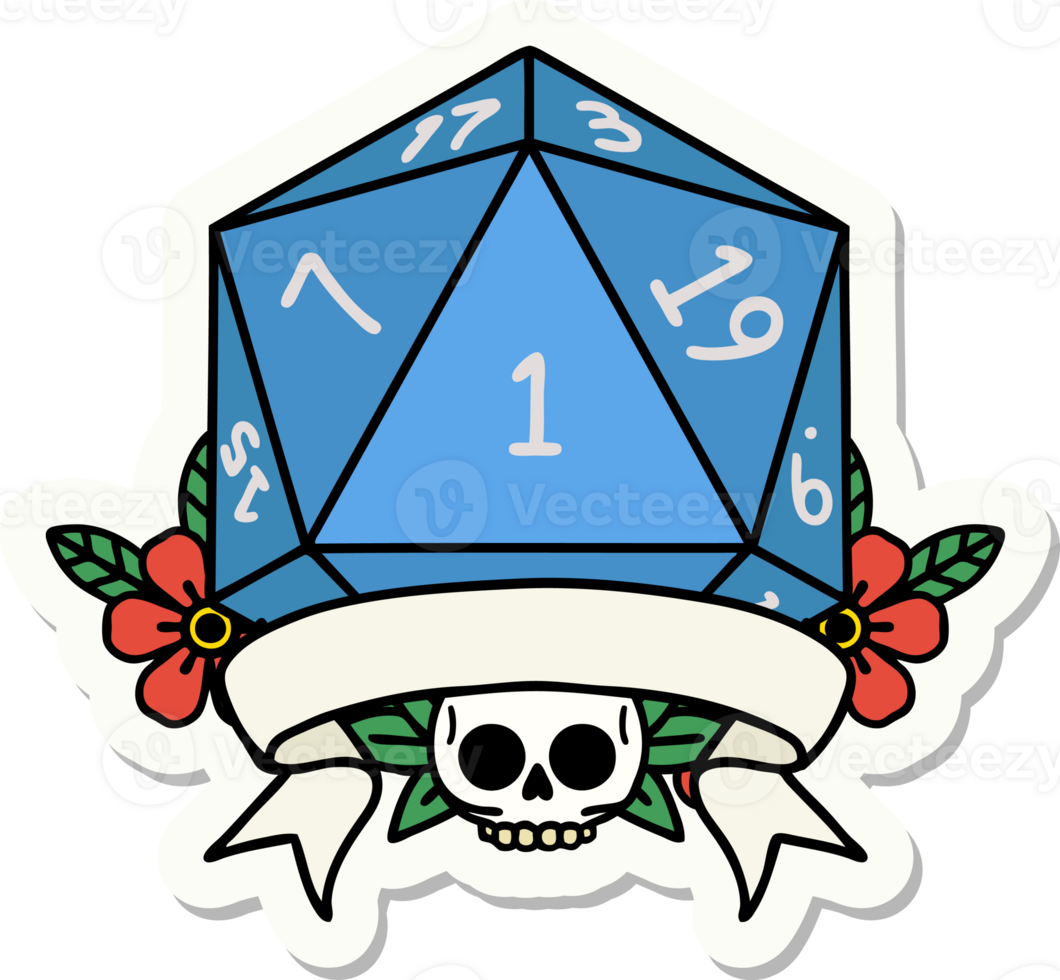 sticker of a natural one d20 dice roll png
