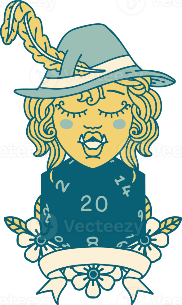 Retro Tattoo Style half orc bard with natural 20 dice roll png