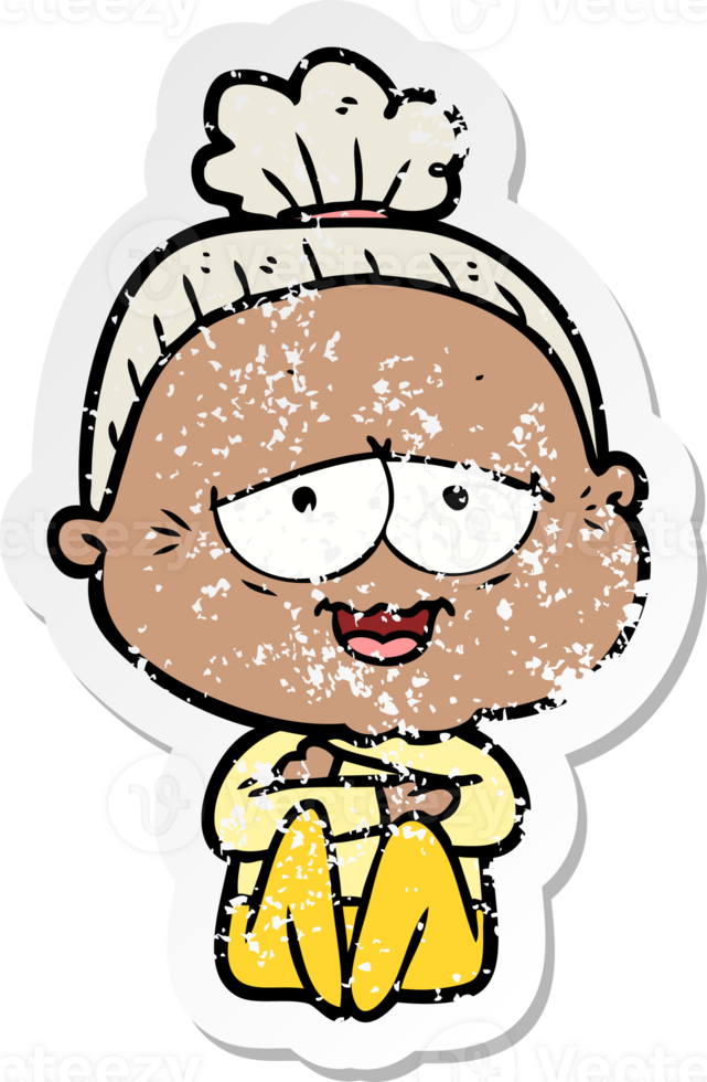 distressed sticker of a cartoon happy old lady png