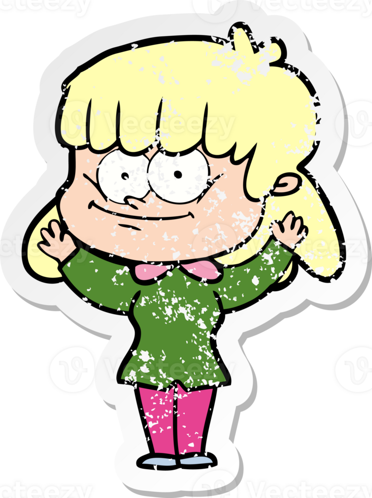 distressed sticker of a cartoon smiling woman png