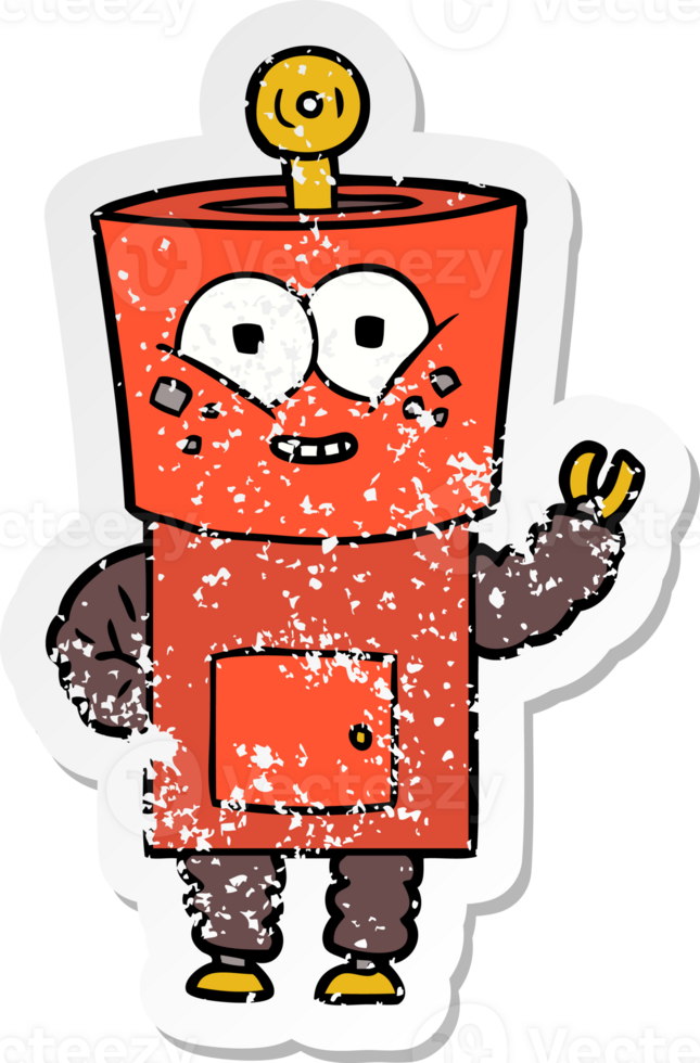 distressed sticker of a happy cartoon robot waving hello png