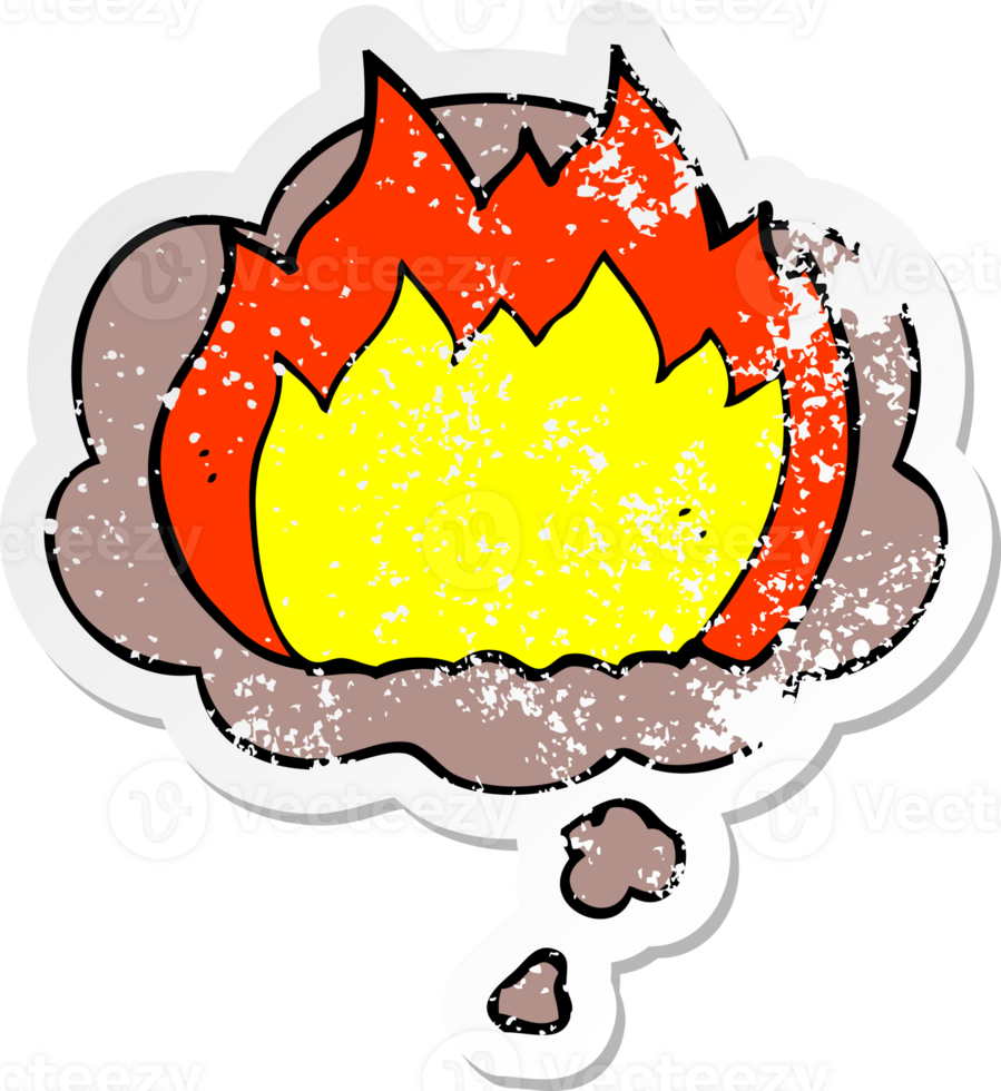 cartoon fire with thought bubble as a distressed worn sticker png