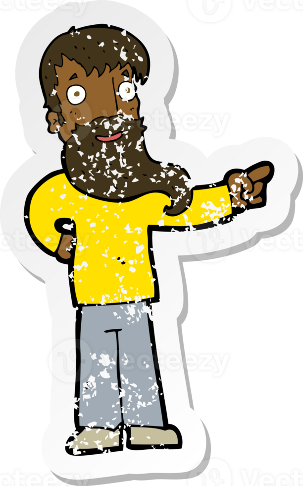 retro distressed sticker of a cartoon man with beard pointing png