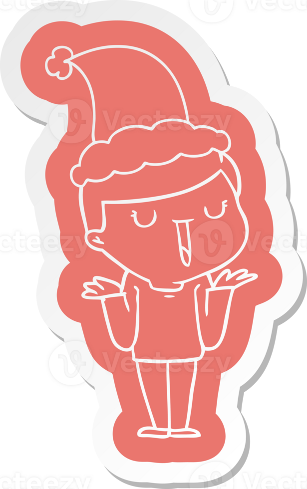 quirky cartoon  sticker of a happy boy with no worries wearing santa hat png