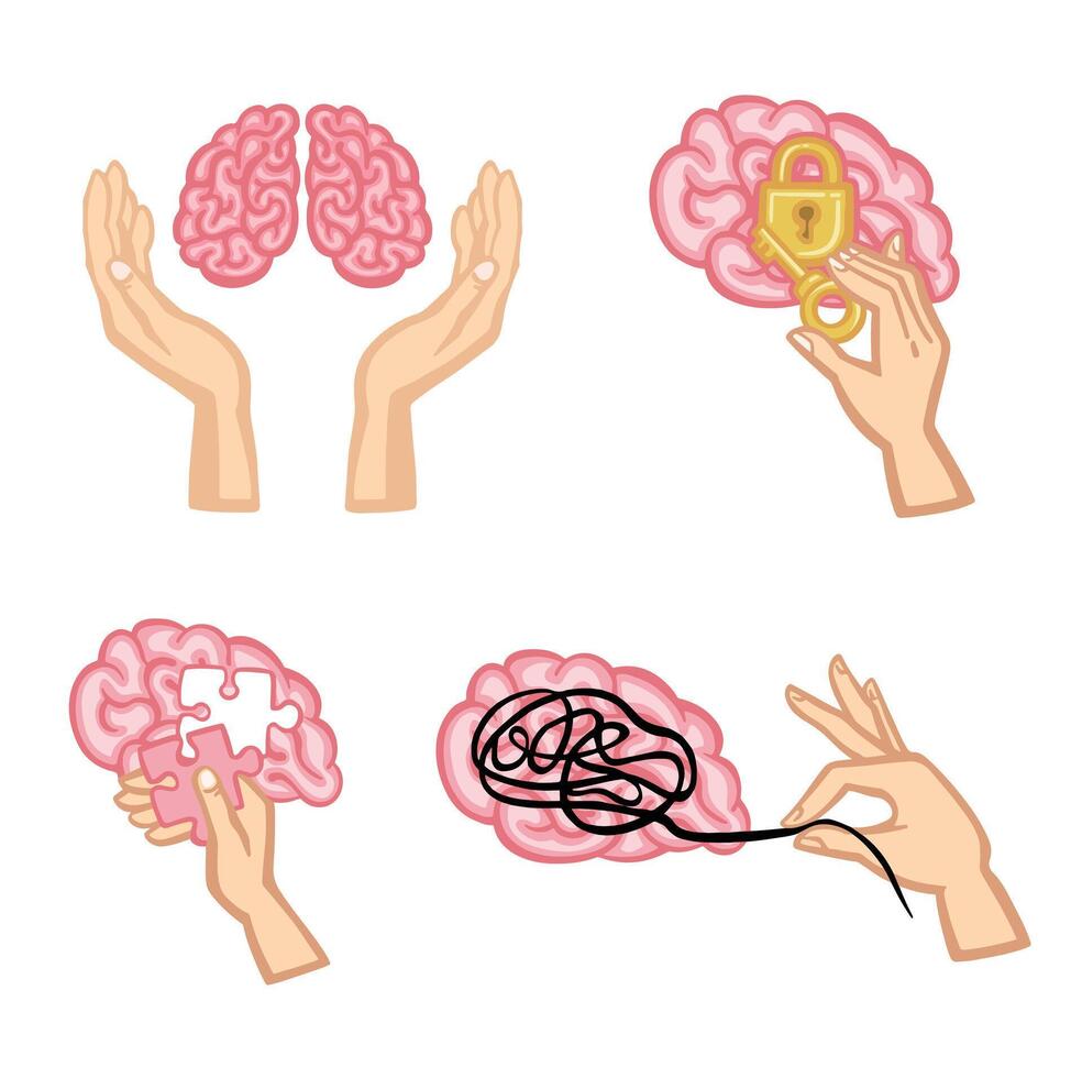 set of mental health care cartoon illustration vector