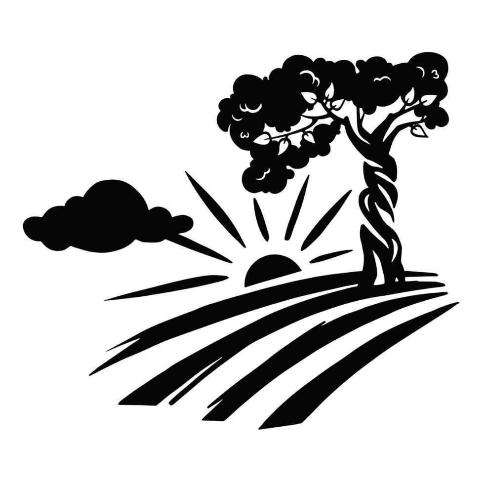 Sunset silhouette with tree and setting sun landscape illustration vector