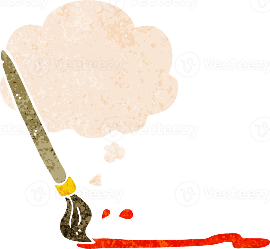 cartoon paintbrush with thought bubble in grunge distressed retro textured style png