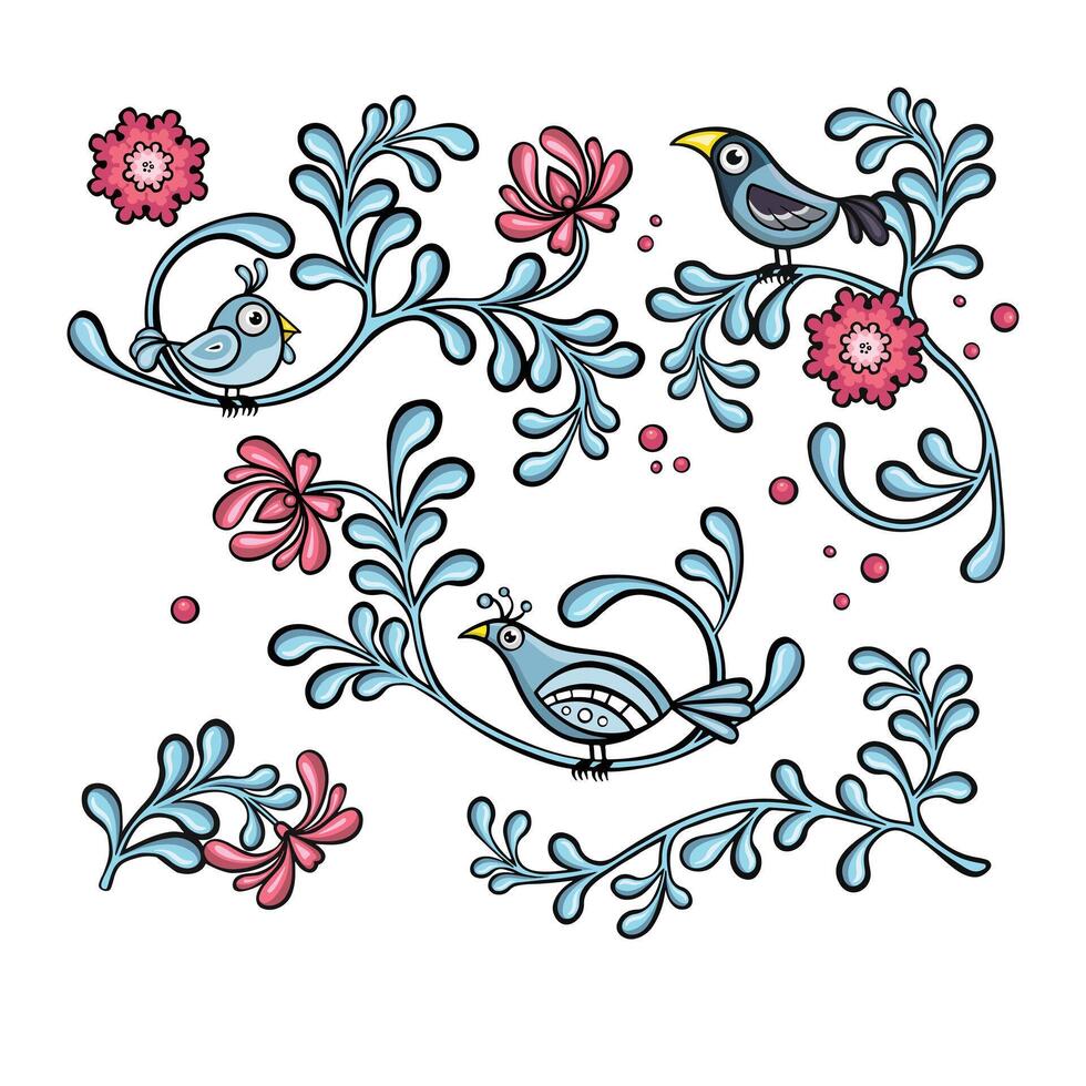 Set Blue and pink with birds and plants, hand drawn illustration vector