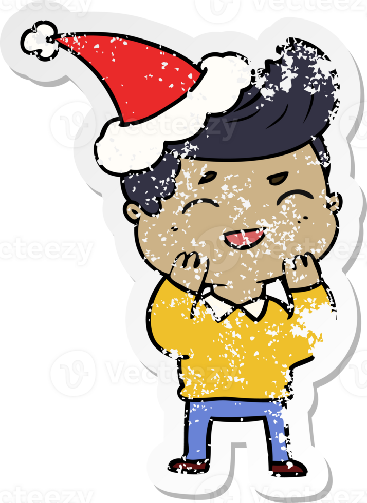 hand drawn distressed sticker cartoon of a man laughing wearing santa hat png