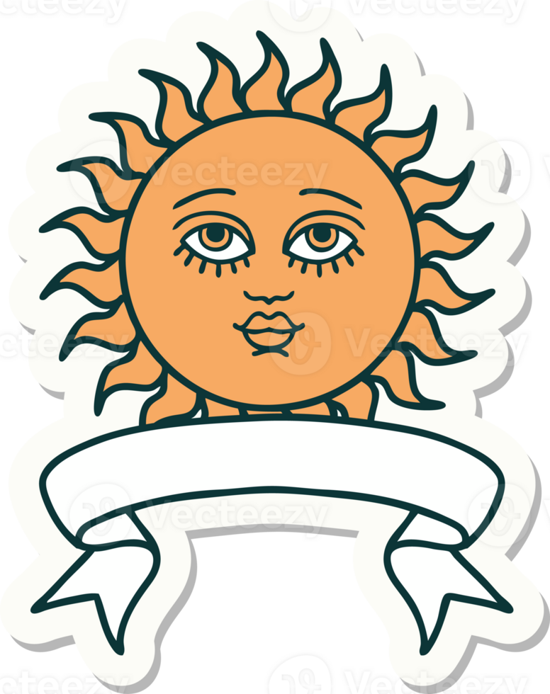 tattoo style sticker with banner of a sun with face png