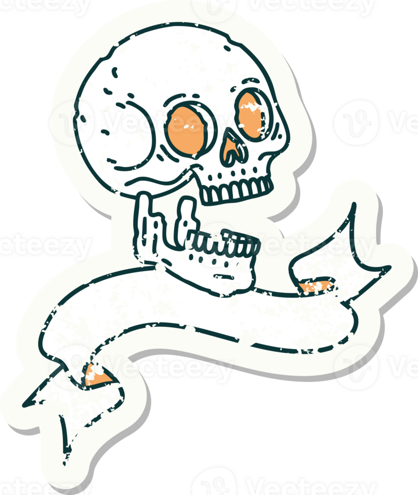 worn old sticker with banner of a skull png
