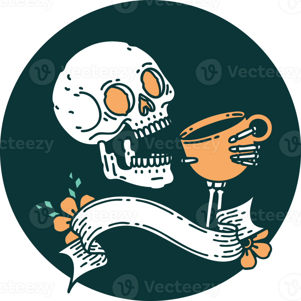 tattoo style icon with banner of a skull drinking coffee png