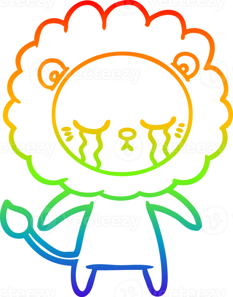 rainbow gradient line drawing of a crying cartoon lion png