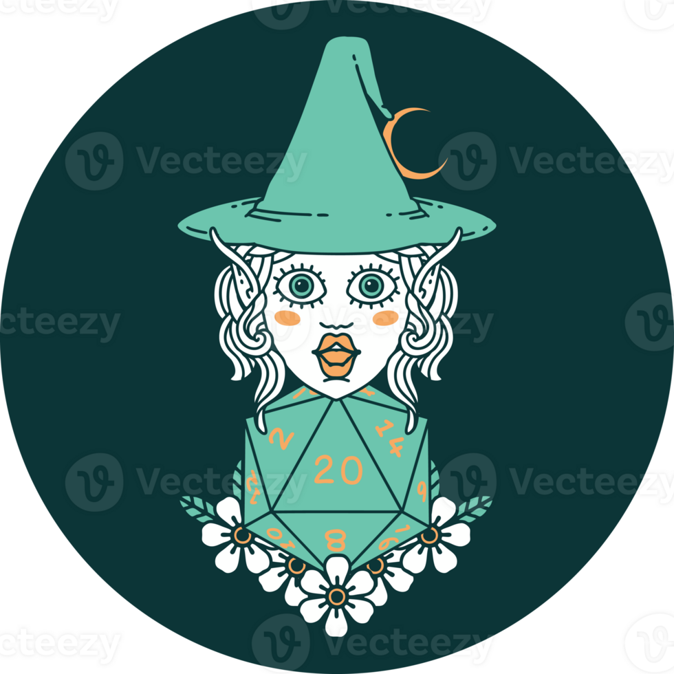icon of elf mage character with natural twenty dice roll png