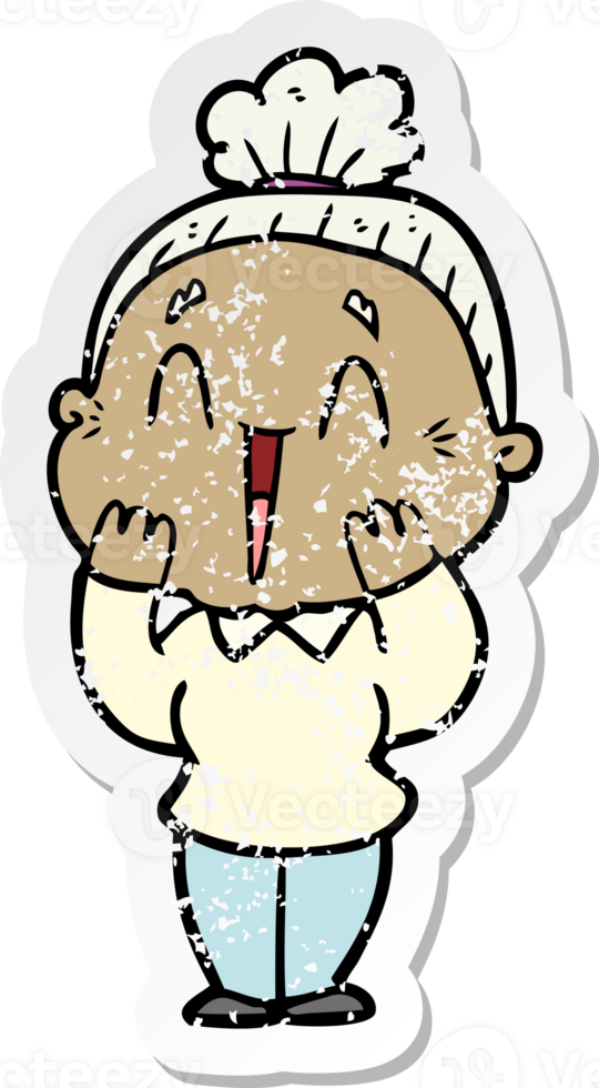 distressed sticker of a cartoon happy old lady png