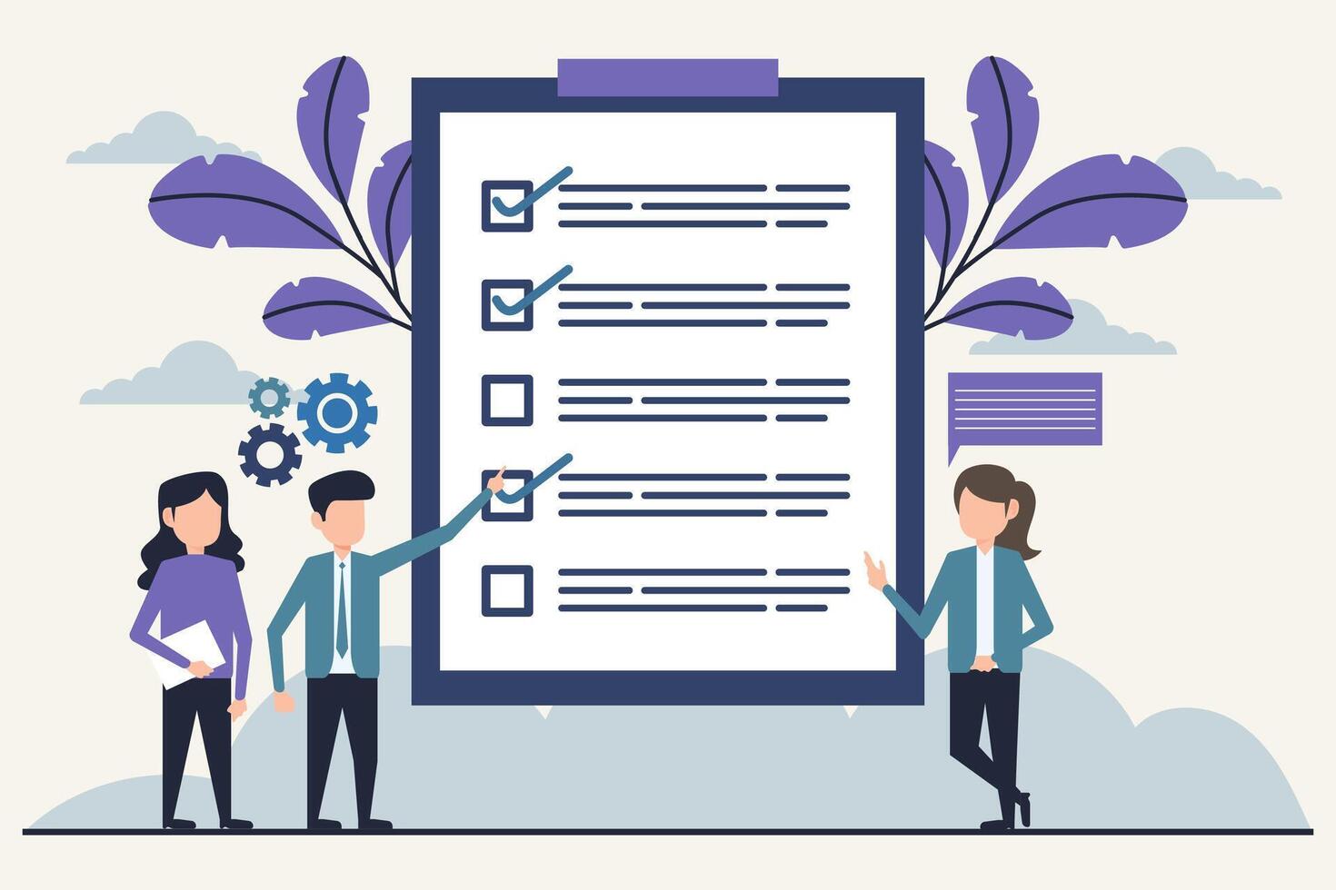 Businessman and businesswoman with checklist on clipboard. Design illustration in flat style vector