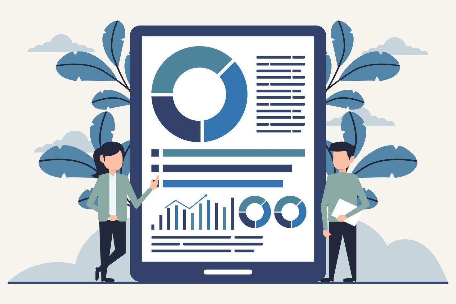 Design illustration of business people analyzing financial data on tablet screen. Flat style design vector