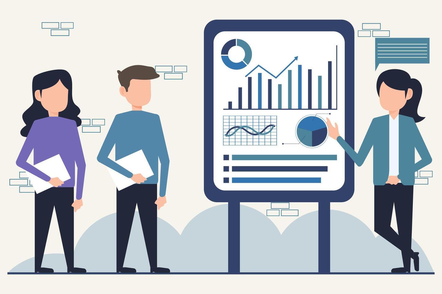 plano diseño ilustración de negocio personas que se discute financiero cartas y gráficos vector