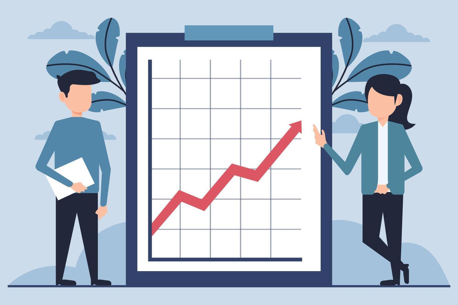 Business man and business woman with clipboard and statistics illustration graphic design vector
