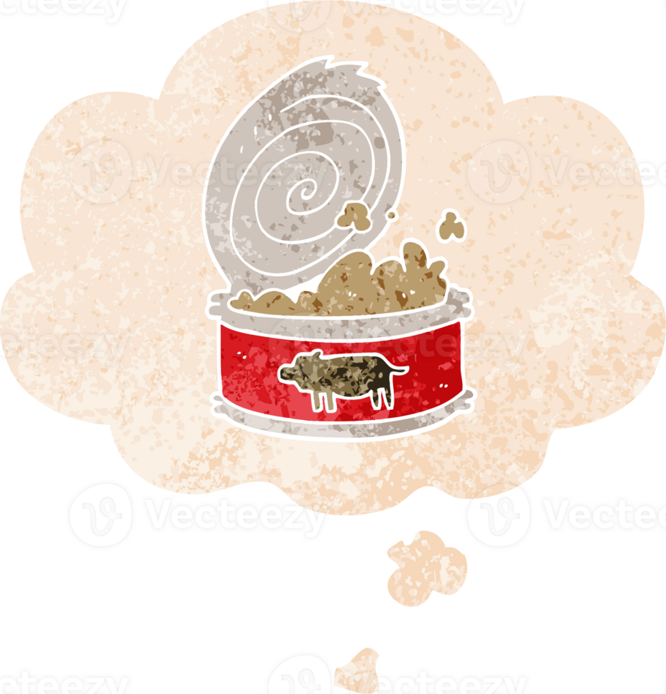 cartoon canned food with thought bubble in grunge distressed retro textured style png