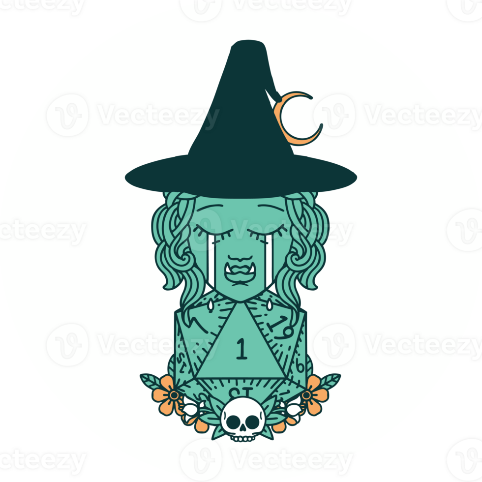icon of sad half orc witch character with natural one D20 roll png
