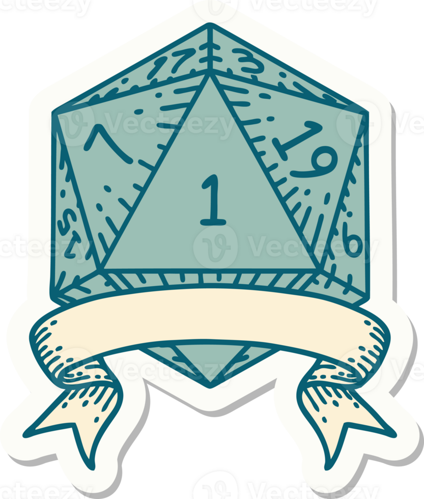 sticker of a natural one d20 dice roll png