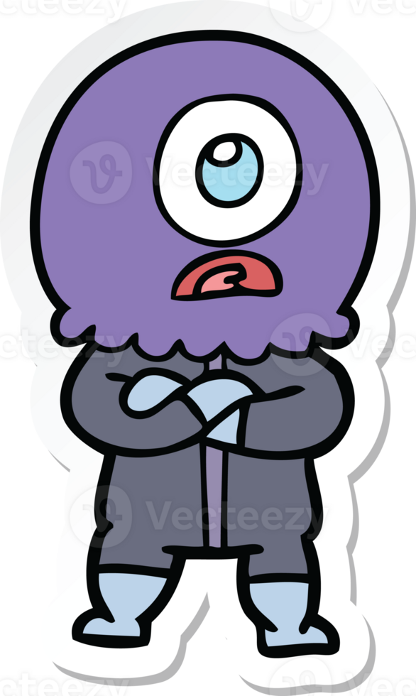 sticker of a annoyed cartoon cyclops alien spaceman png