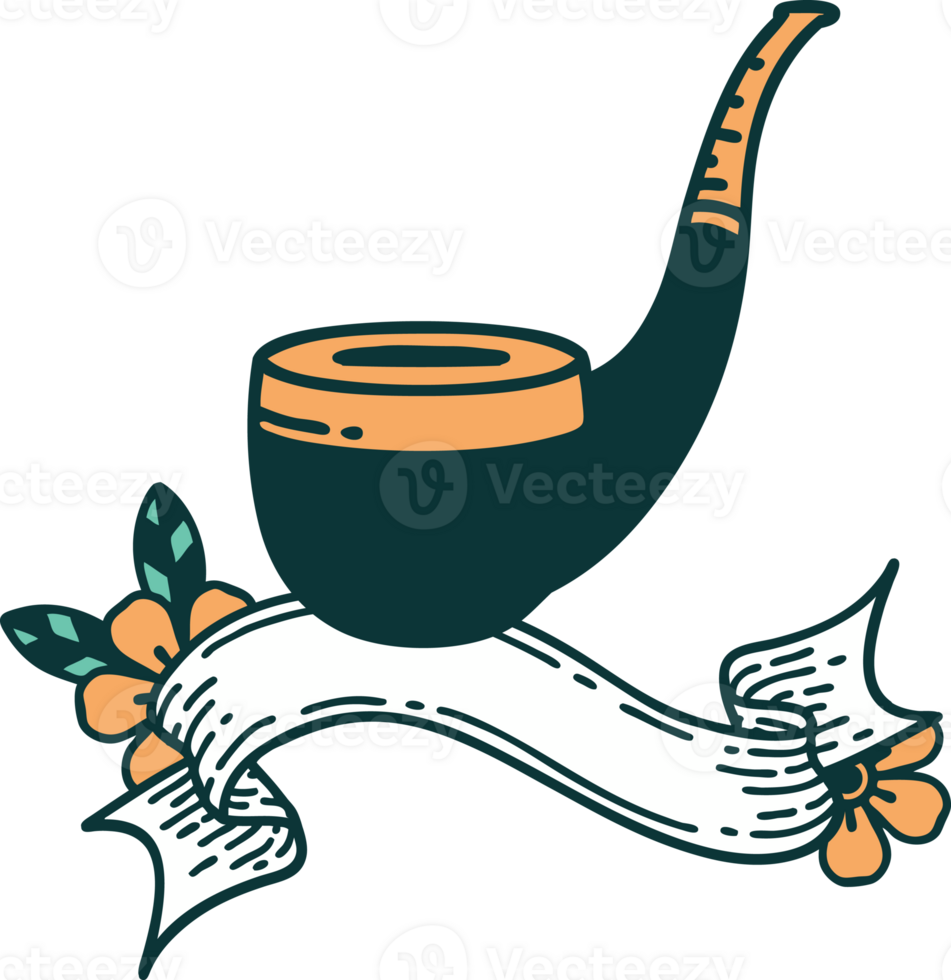traditional tattoo with banner of a smokers pipe png