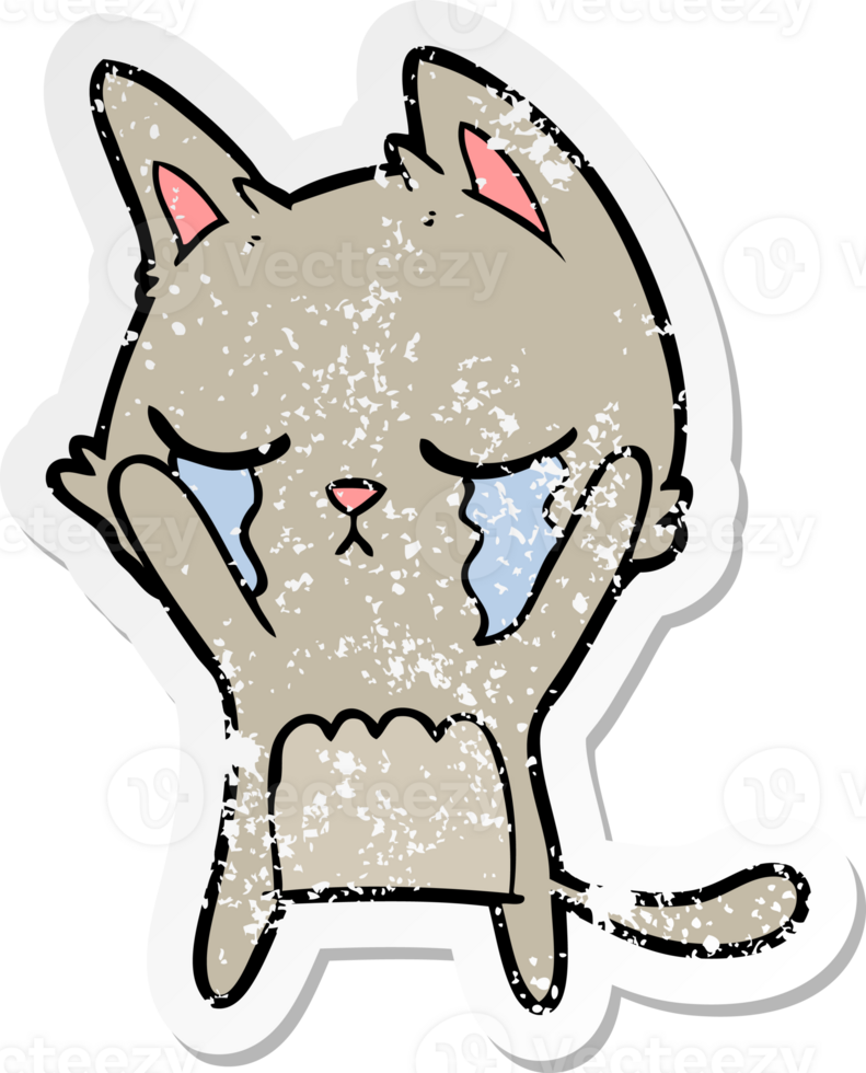 distressed sticker of a crying cartoon cat png