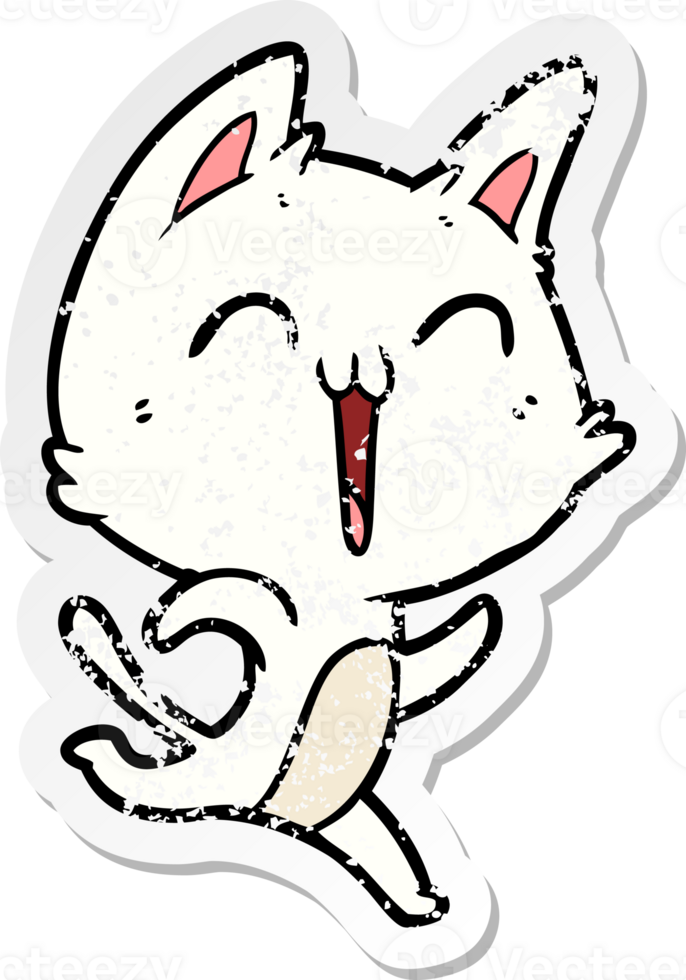 distressed sticker of a happy cartoon cat png