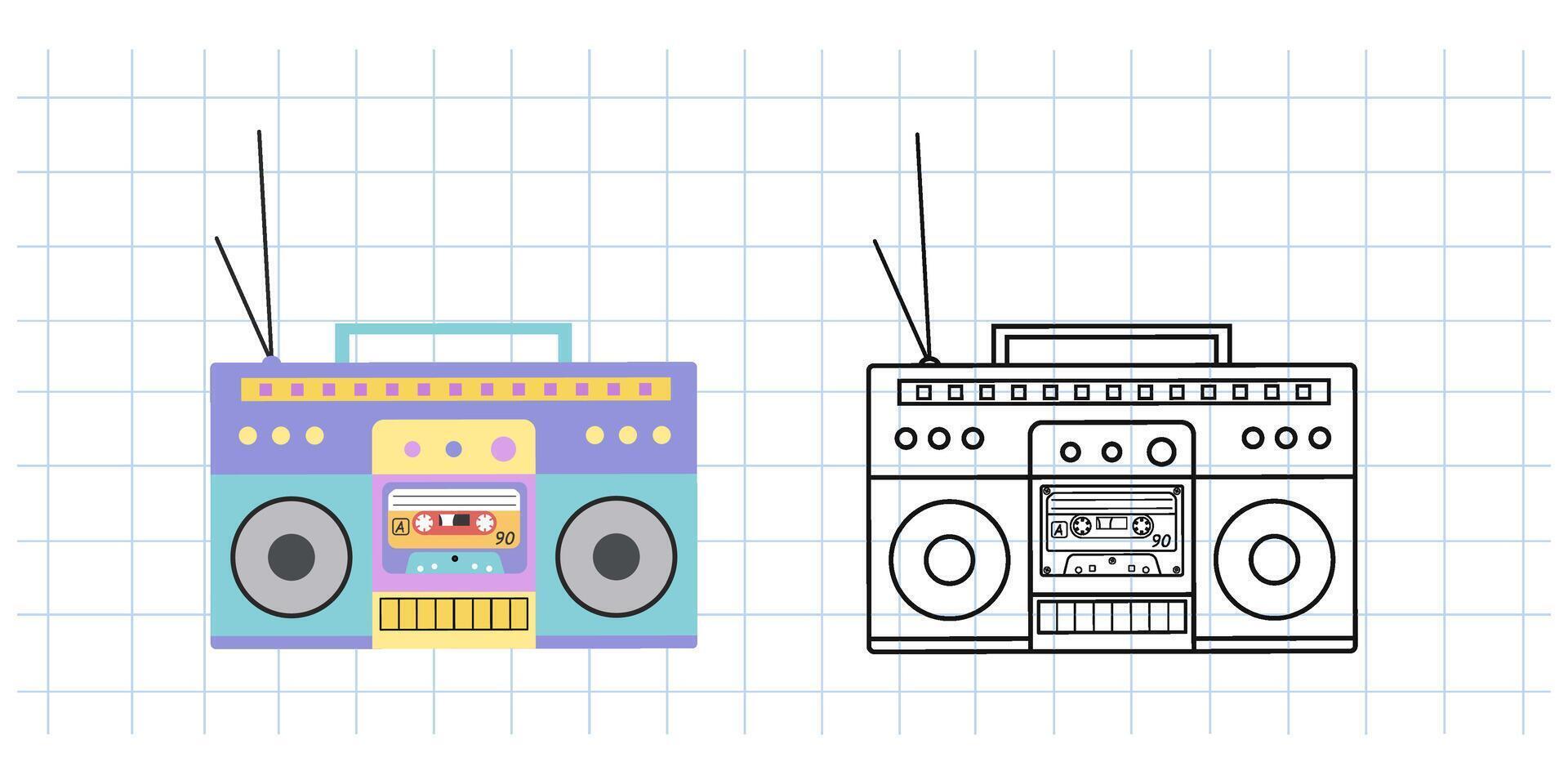 Classic y2k, 90s and 2000s aesthetic. Flat and outline style retro boombox, audio recorder, vintage element. Hand-drawn illustration on background of checkered notebook sheet. vector
