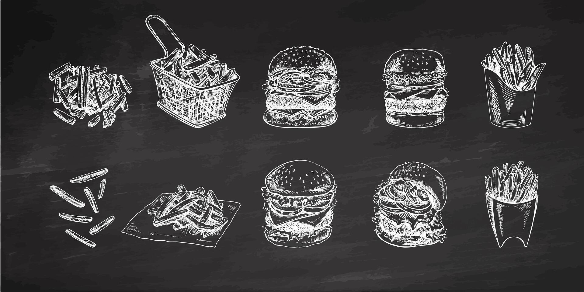 hamburguesas y patata francés papas fritas conjunto en pizarra antecedentes. dibujado a mano bosquejo de diferente hamburguesas y francés papas fritas rápido comida retro ilustraciones aislado. Clásico ilustración. vector