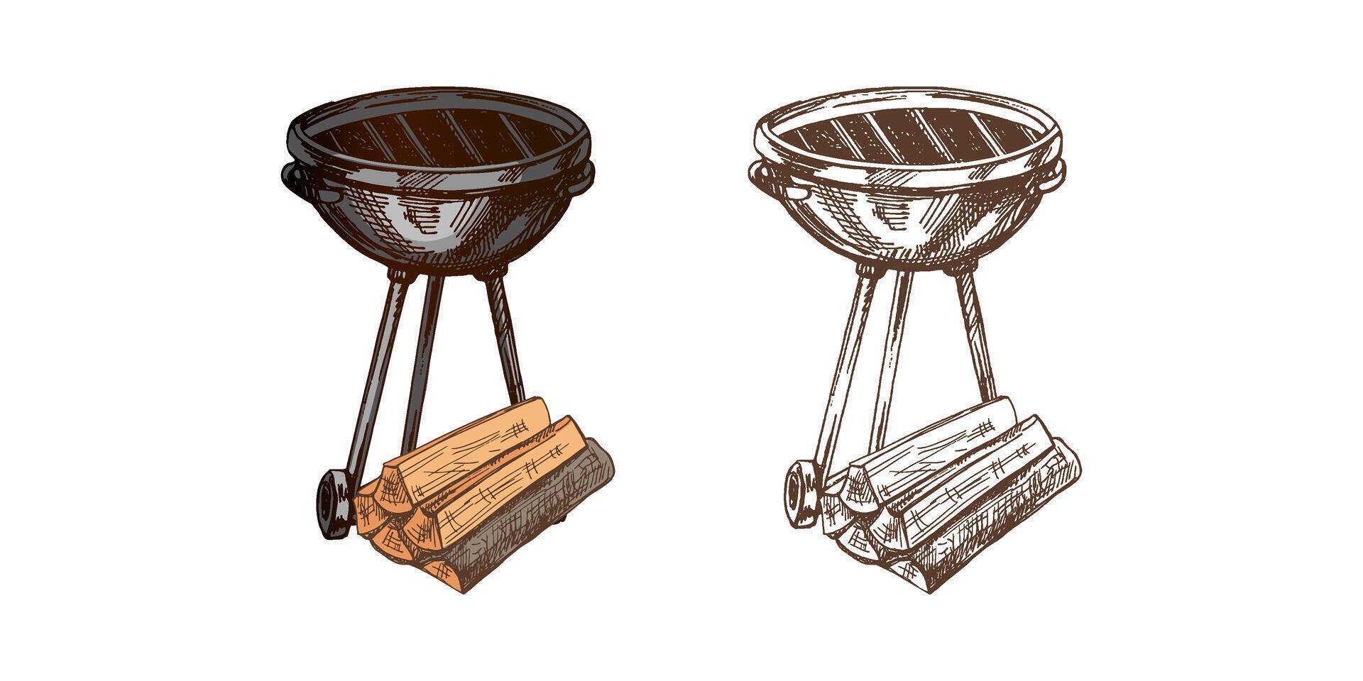 Hand-drawn colored and monochrome sketch of Barbecue grill and firewood on white background. Doodle vintage illustration. Decorations for the menu of cafes and labels. Engraved image. vector