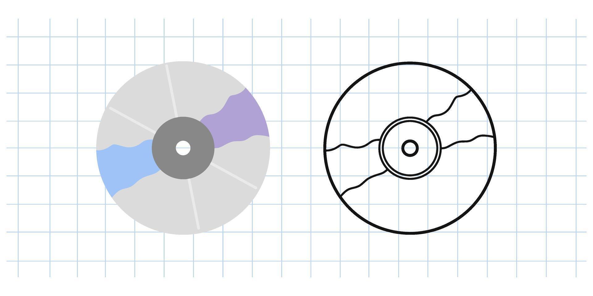 Classic y2k, 90s and 2000s aesthetic. Flat and outline style retro CD, compact disc, vintage element. Hand-drawn illustration on background of checkered notebook sheet. vector