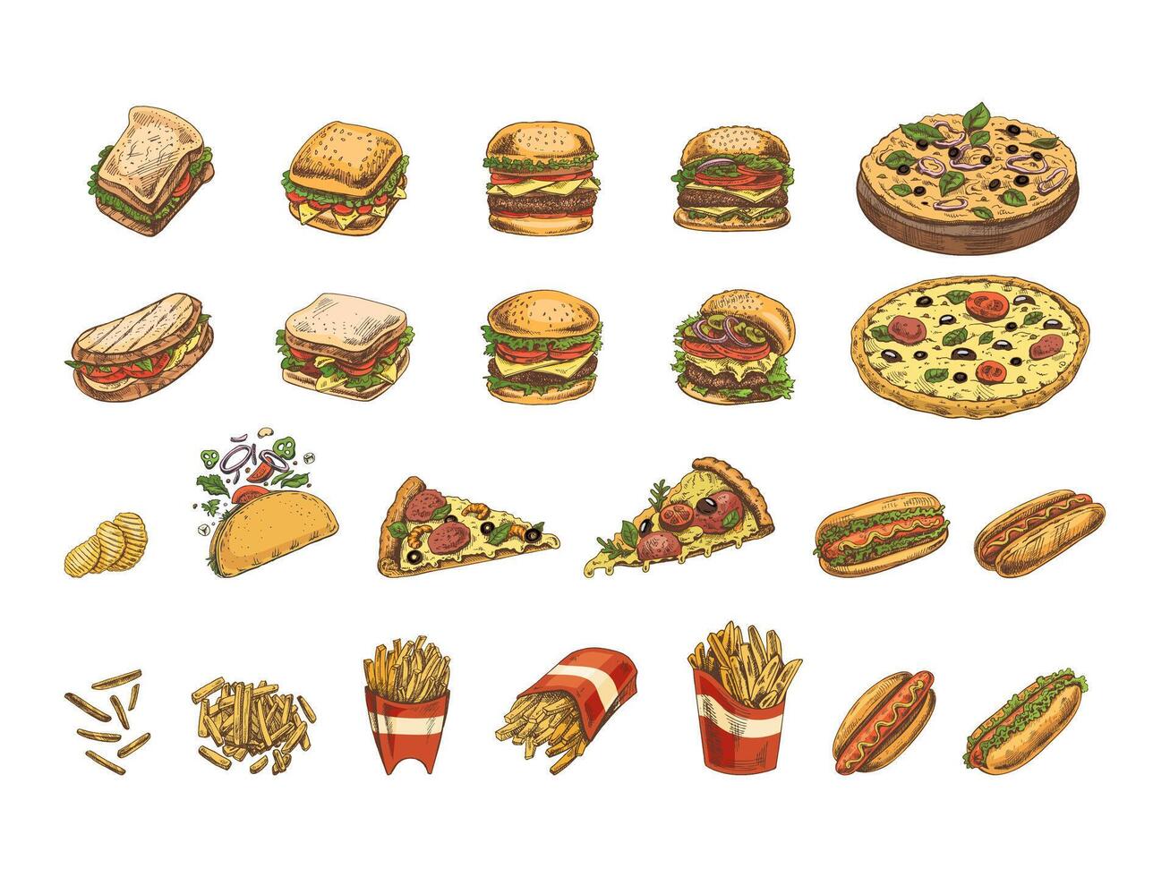 Hand-drawn colored sketches of street food, takeaway food, fast food, junk food and drinks. Burgers, potato french fries, chips, pizza, hot dogs, burritos, tacos, set. Great for menu. vector