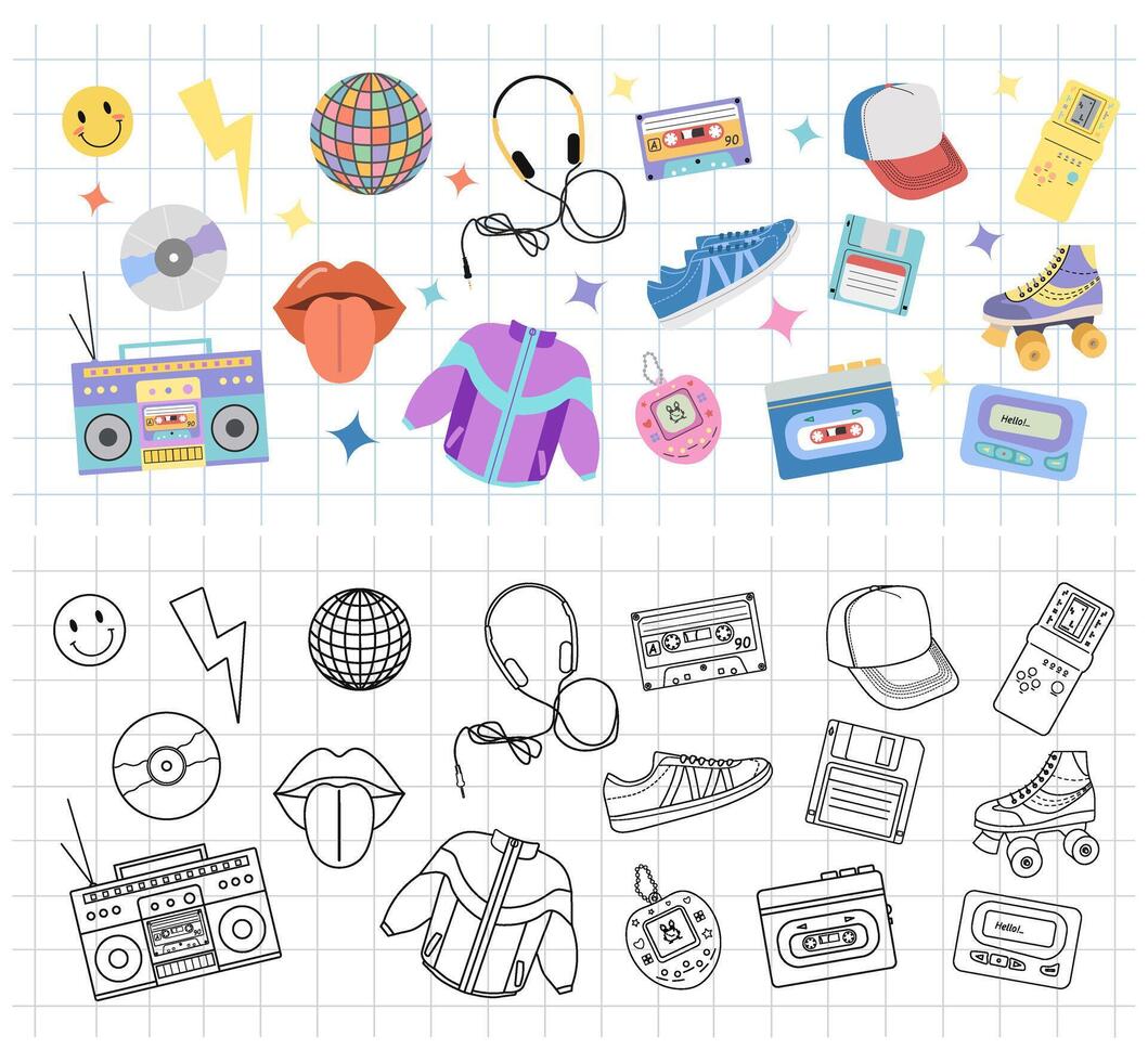 Classic y2k, 90s and 2000s aesthetic. Flat and outline style set of vintage elements. Hand-drawn illustration on background of checkered notebook sheet. Patch, sticker, badge, emblem. vector