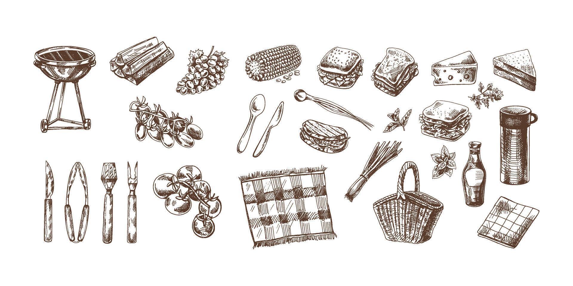 A set of monochrome hand-drawn sketches of barbecue and picnic elements. For design of menu of restaurants and cafes, grilled food. Vintage illustration. Engraved image. vector