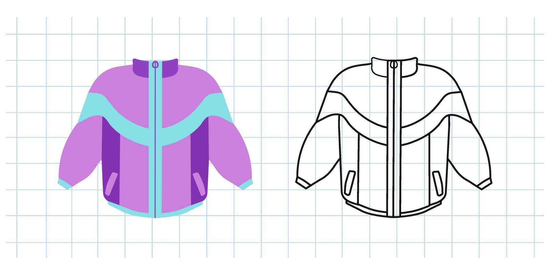 Classic y2k, 90s and 2000s aesthetic. Flat and outline style retro tracksuit of the 90s, jacket, zip-up jacket, vintage element. Hand-drawn illustration on background of checkered notebook sheet. vector