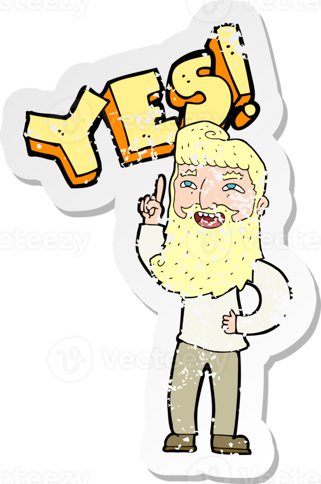 retro distressed sticker of a cartoon man shouting YES png