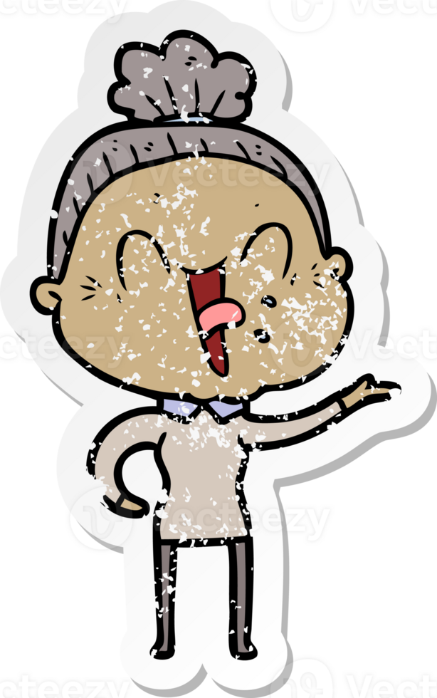 distressed sticker of a cartoon happy old woman png