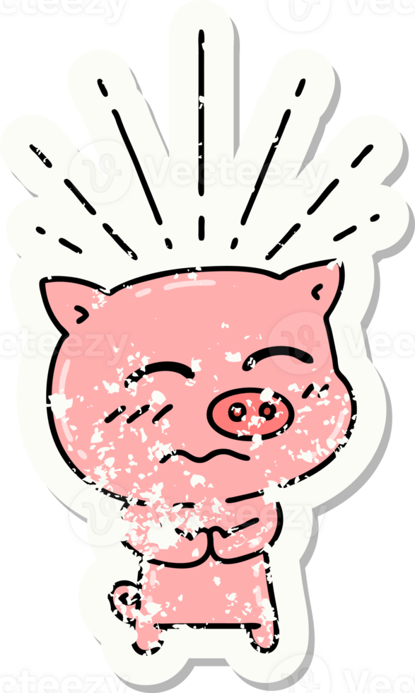 worn old sticker of a tattoo style nervous pig character png
