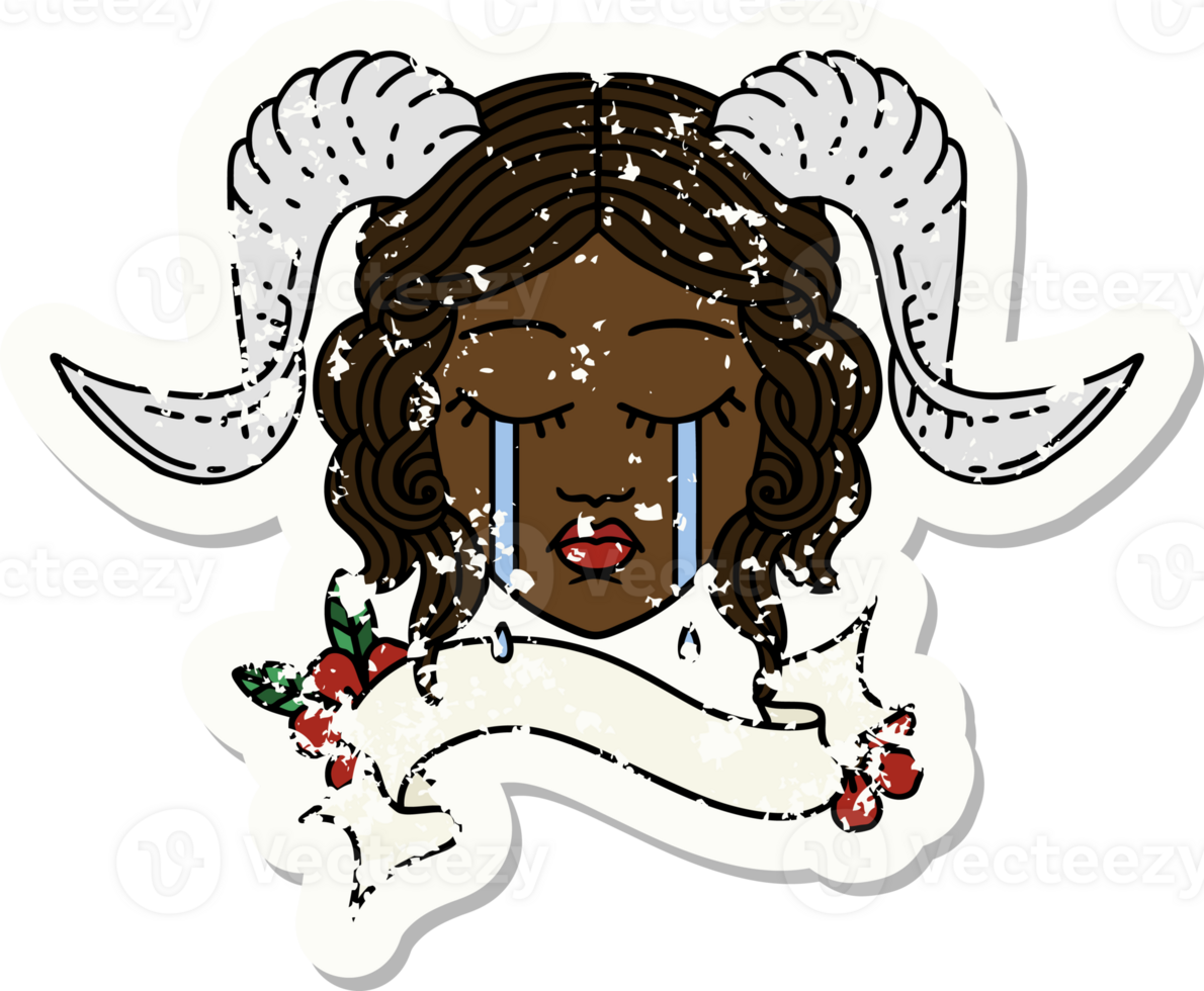 Retro Tattoo Style crying tiefling character face with scroll banner png