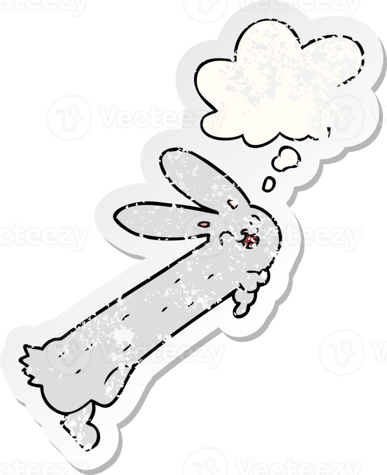 funny cartoon rabbit with thought bubble as a distressed worn sticker png