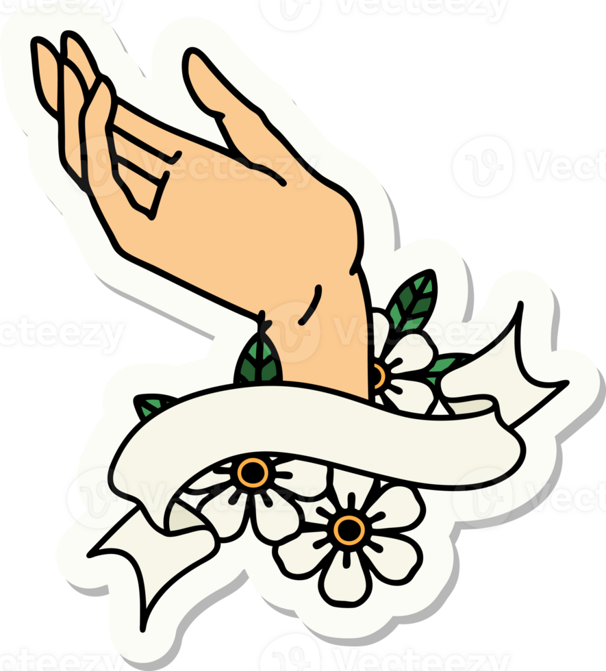 tattoo style sticker with banner of a hand png