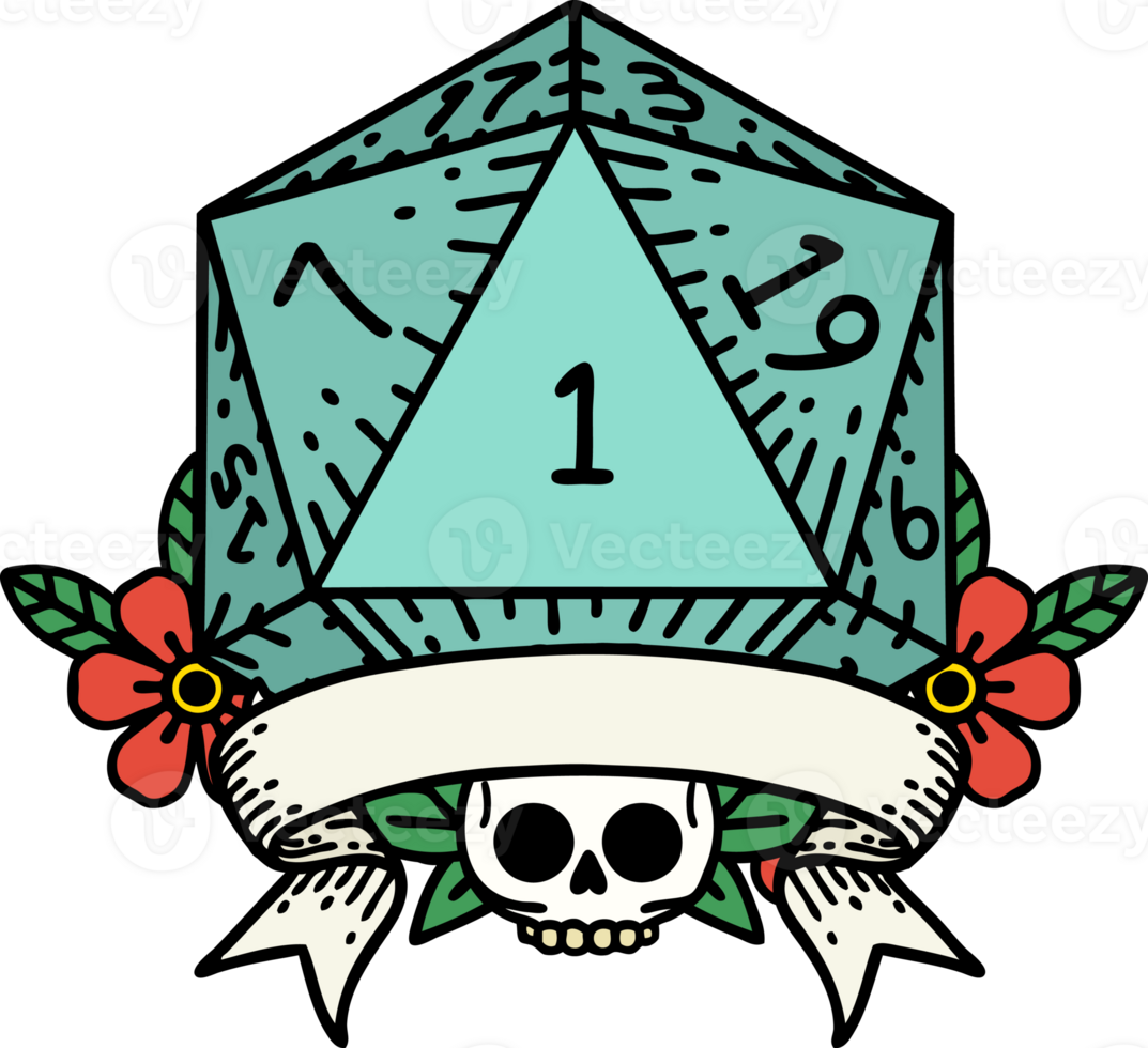 Retro Tattoo Style natural one d20 dice roll png