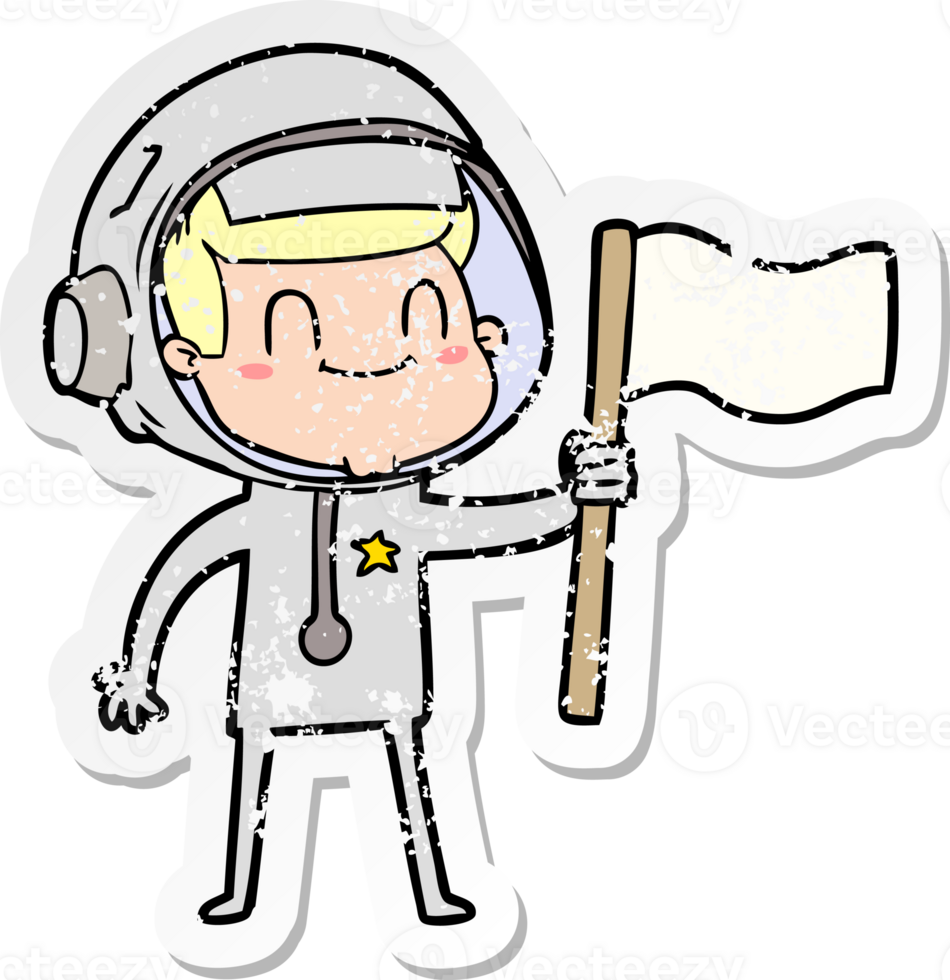 distressed sticker of a happy cartoon astronaut png